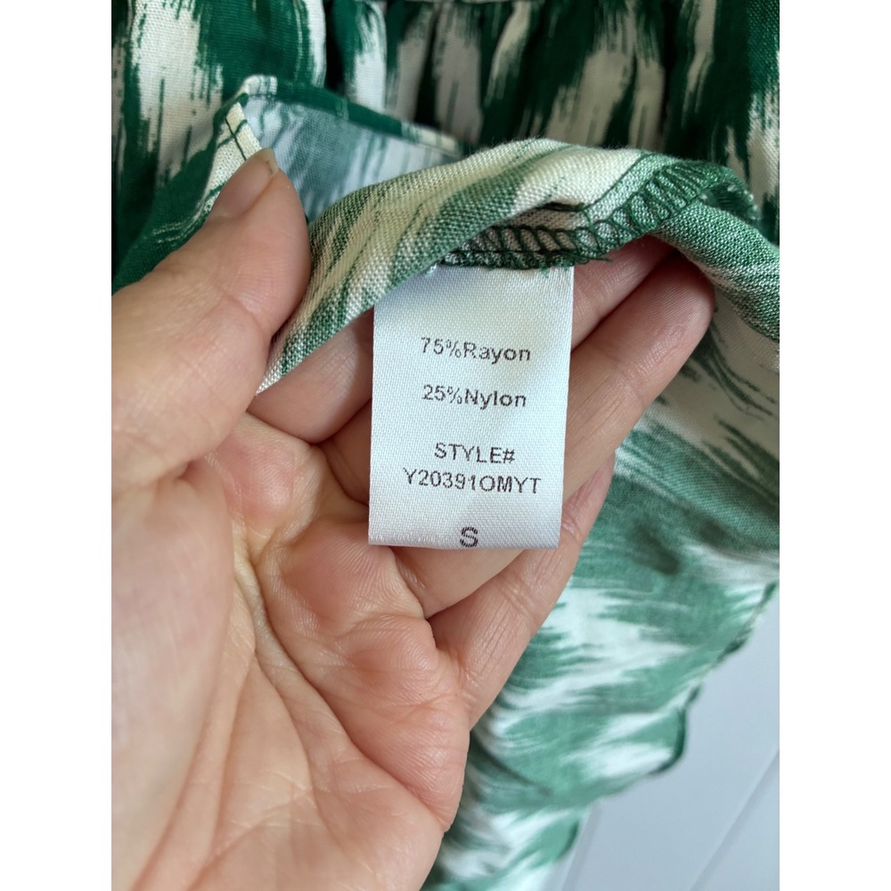 Pomander Place Green White Ikat Chevron Tiered Mini Dress Smocked Ruffle S - Picture 5 of 8